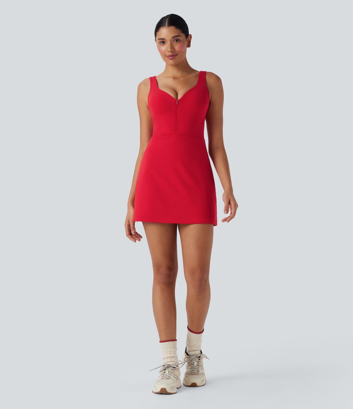 Vestido deportivo 2 en 1 de yoga Softlyzero™ con copas moldeadas, tirantes ajustables y cremallera con espalda abierta y bolsillos - Easy Peezy