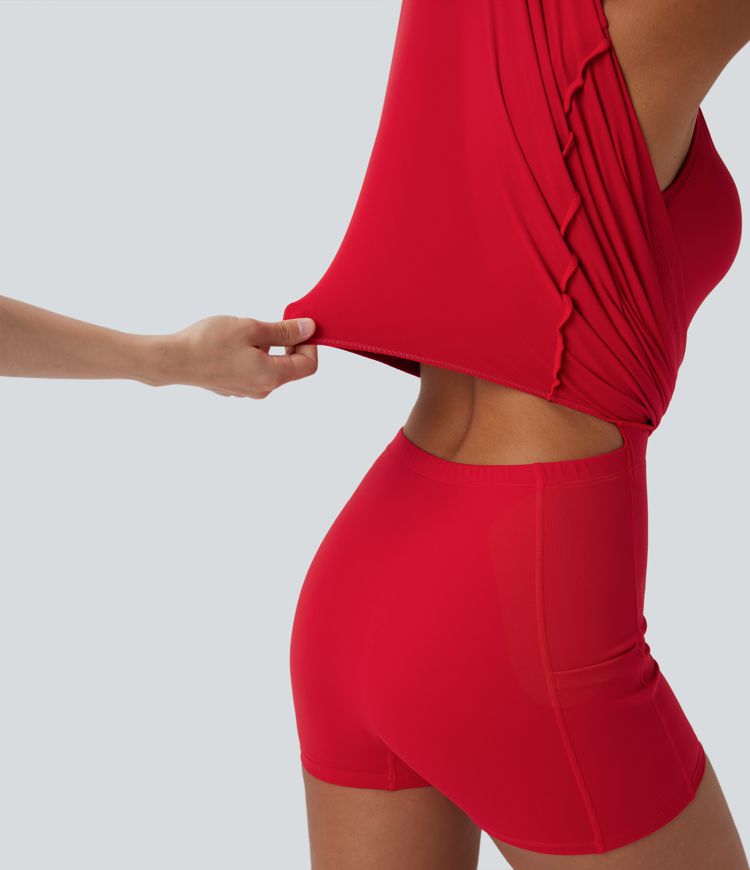 Vestido deportivo 2 en 1 de yoga Softlyzero™ con copas moldeadas, tirantes ajustables y cremallera con espalda abierta y bolsillos - Easy Peezy