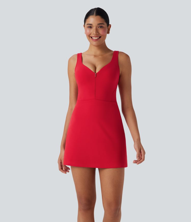 Tomato SoftlyZero™ Plush Push-Up Molded Cups Zipper 2-in-1 Yoga Active Dress with Pockets-Easy Peezy / 1