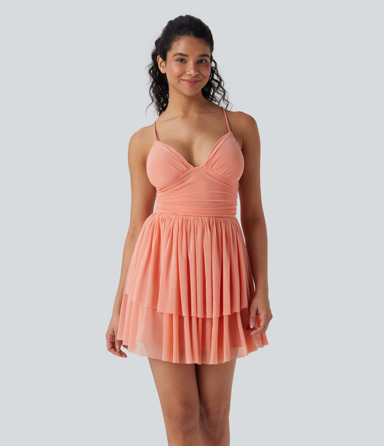 Lace Up Mesh Layered Mini Dress