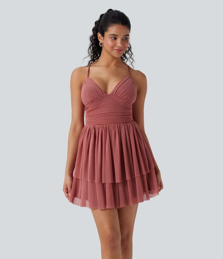 Backless Crisscross Lace Up Mesh Layered Mini Party Dress
