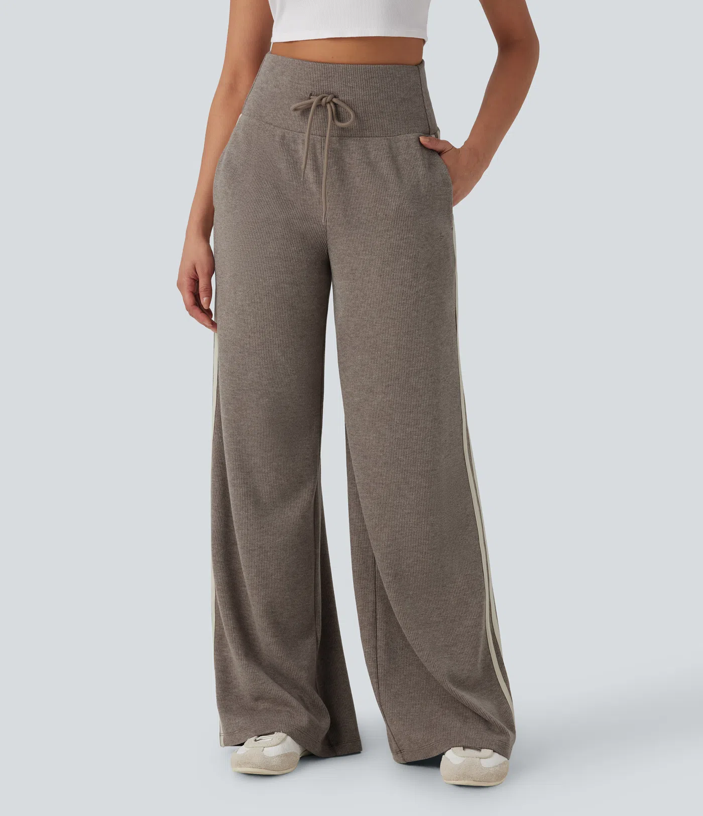 Ribbed High Waisted Tummy Control Drawstring Wide Leg Color Block Casual Pants with Pockets