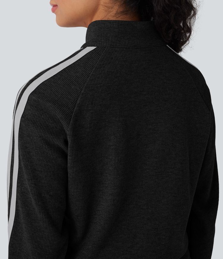 Ribbed Stand Collar Long Sleeve Zipper Color Block Casual Jacket with Pockets