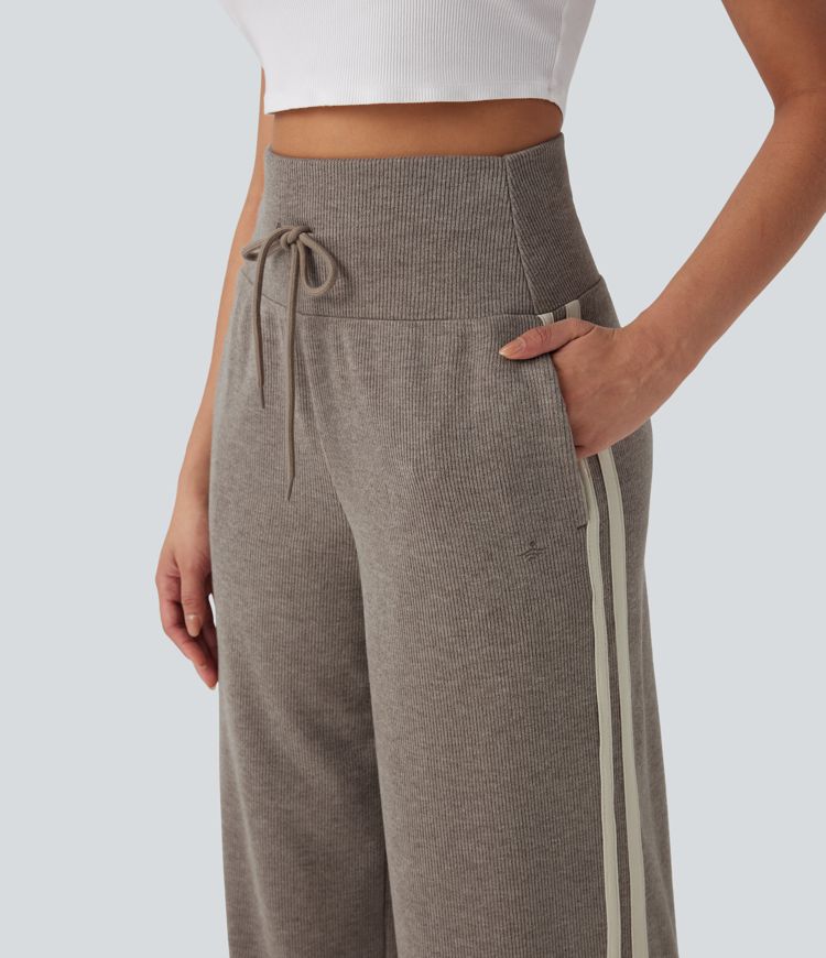 Ribbed High Waisted Tummy Control Drawstring Wide Leg Color Block Casual Pants with Pockets