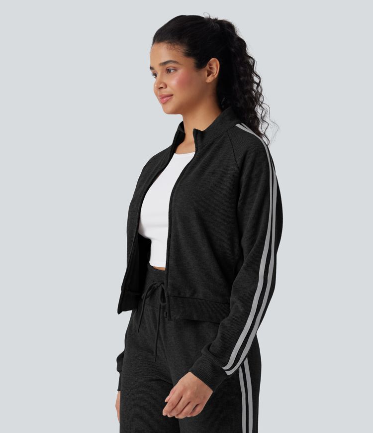 Ribbed Stand Collar Long Sleeve Zipper Color Block Casual Jacket with Pockets