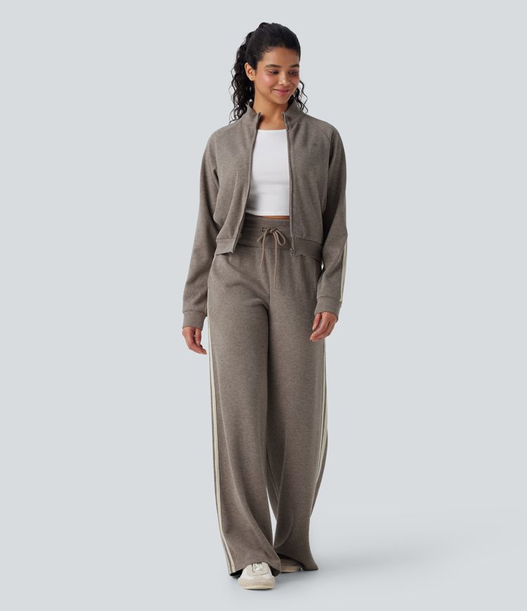 Ribbed High Waisted Tummy Control Drawstring Wide Leg Color Block Casual Pants with Pockets