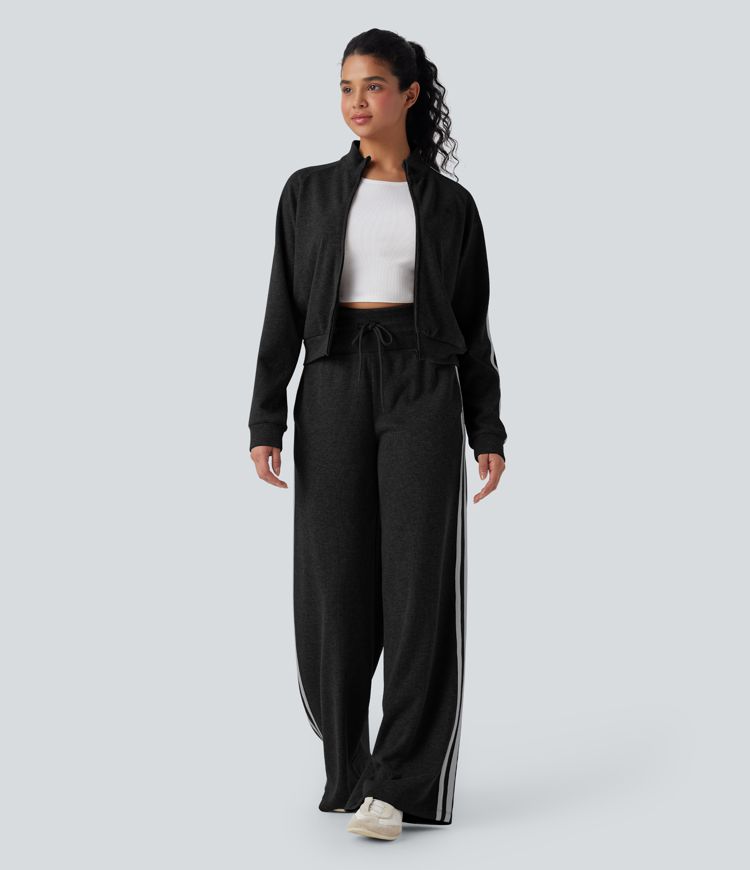 Ribbed Stand Collar Long Sleeve Zipper Color Block Casual Jacket with Pockets