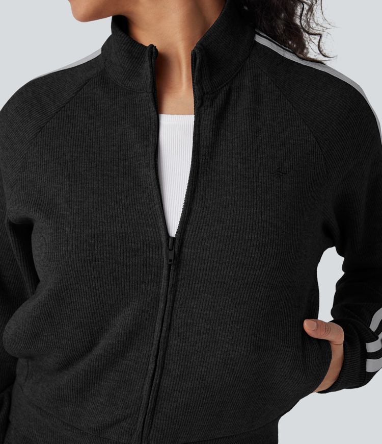 Ribbed Stand Collar Long Sleeve Zipper Color Block Casual Jacket with Pockets