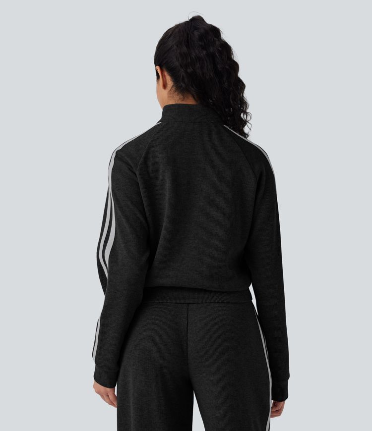 Ribbed Stand Collar Long Sleeve Zipper Color Block Casual Jacket with Pockets