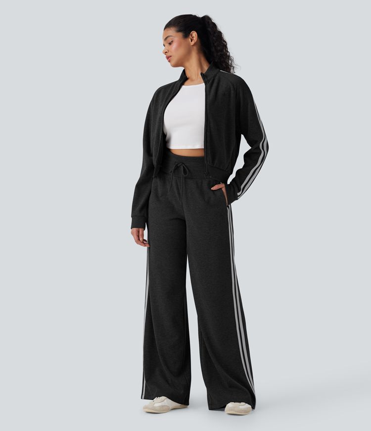 Ribbed High Waisted Tummy Control Drawstring Wide Leg Color Block Casual Pants with Pockets