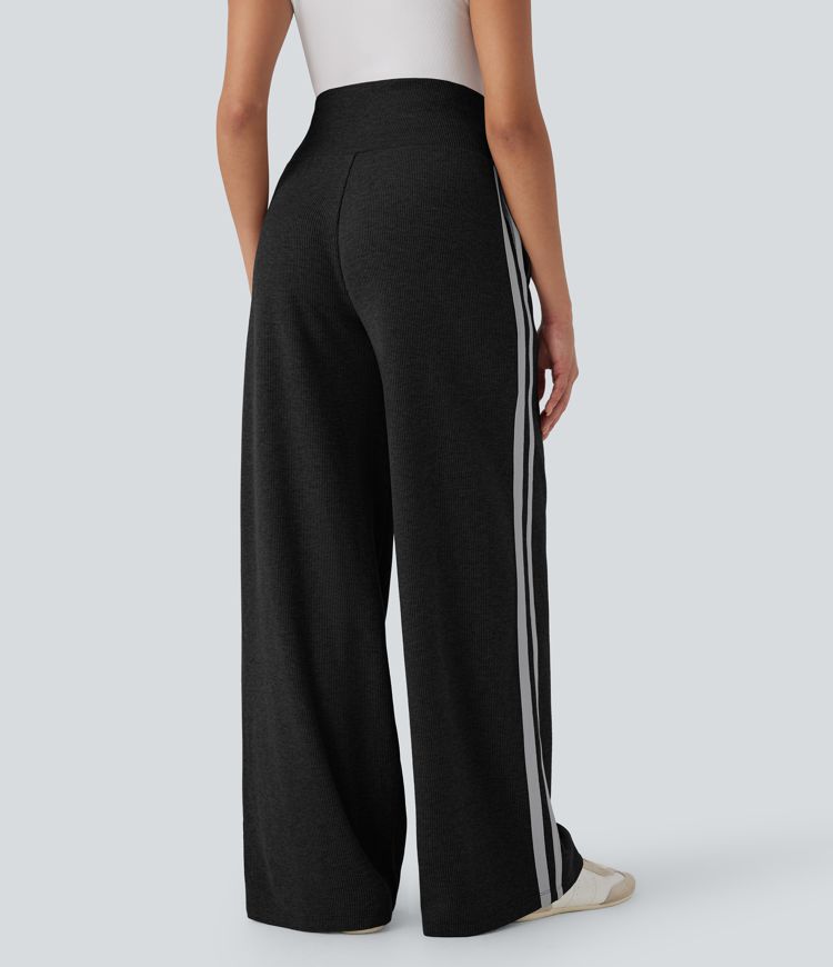 Ribbed SoCinched High Waisted Tummy Control Drawstring Wide Leg Color Block Casual Pants with Side Pockets