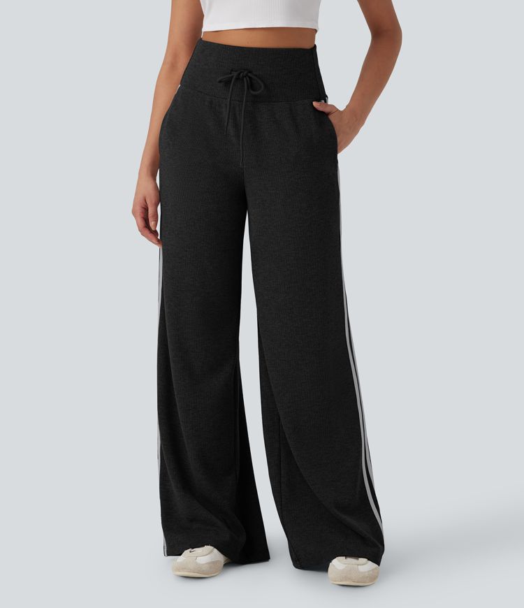 Ribbed SoCinched High Waisted Tummy Control Drawstring Wide Leg Color Block Casual Pants with Side Pockets