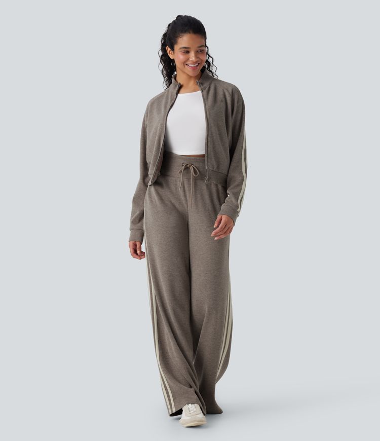 Ribbed Stand Collar Long Sleeve Zipper Color Block Casual Jacket with Pockets