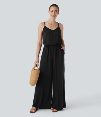 Adjustable & Removable Strap Pocket Wide Leg Jumpsuit