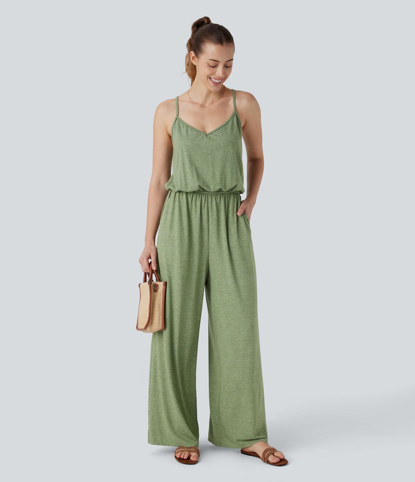 Mono resort pierna ancha bolsillo lateral correa ajustable extraíble