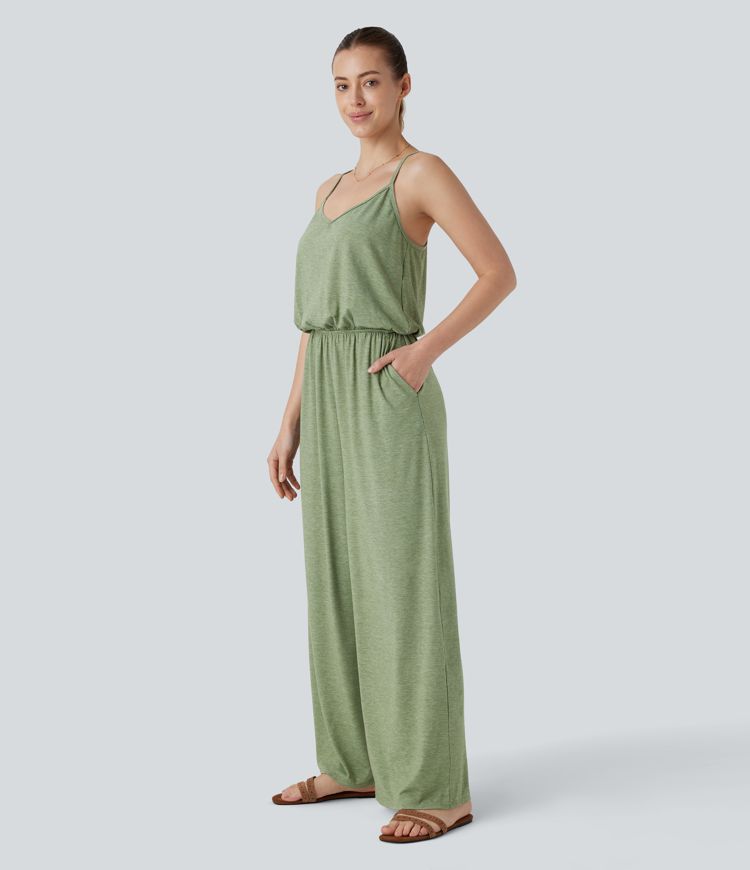 Adjustable & Removable Strap Side Pocket Wide Leg Resort Jumpsuit