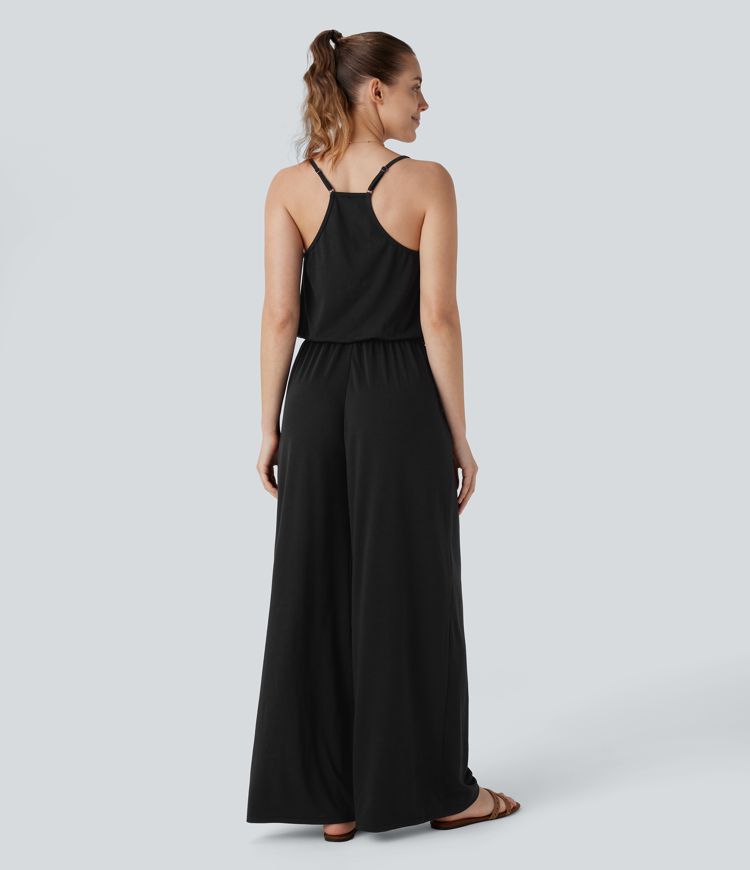 Adjustable & Removable Strap Side Pocket Wide Leg Resort Jumpsuit