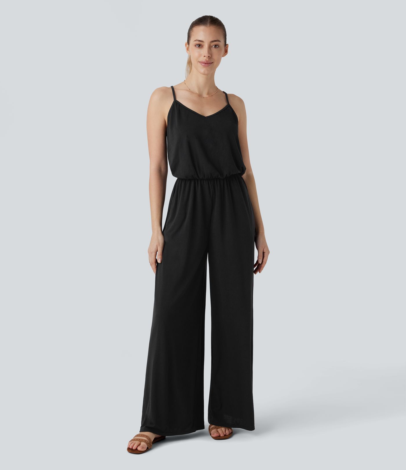 Adjustable & Removable Strap Pocket Wide Leg Jumpsuit