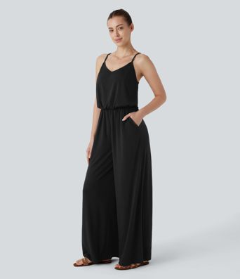 Adjustable & Removable Strap Pocket Wide Leg Jumpsuit