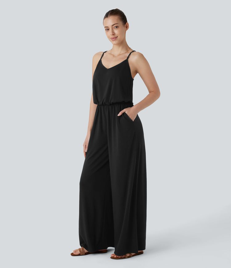 Adjustable & Removable Strap Side Pocket Wide Leg Resort Jumpsuit