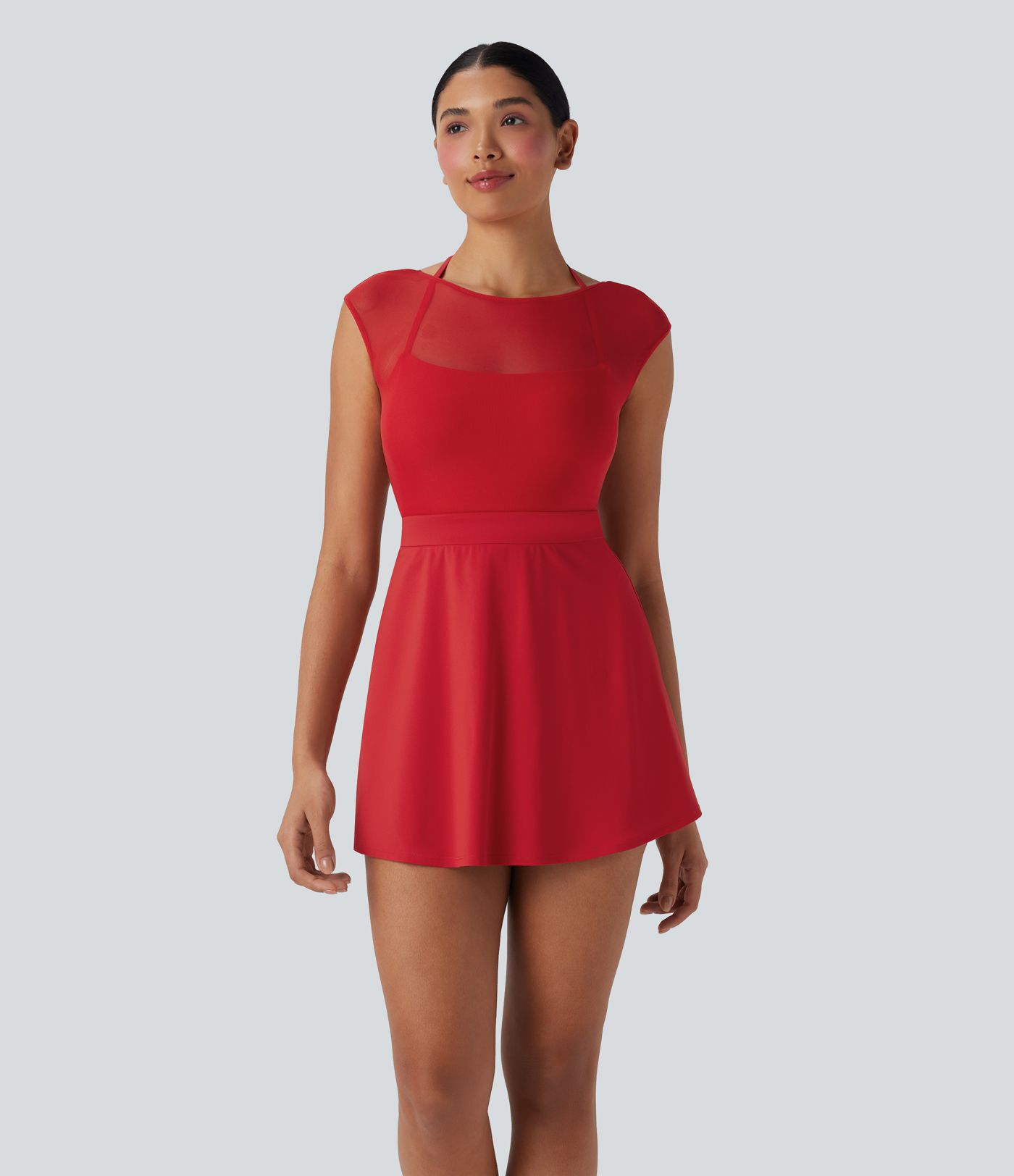 Softlyzero™ Airy Neckholder-Kleid, rückenfrei, verstellbare Schnalle, kontrastierendes Netzgewebe, kühlendes Yoga-Aktivkleid, kinderleicht, UPF 50+