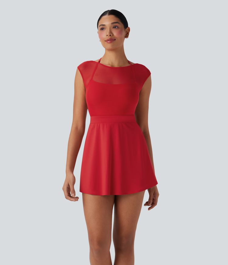 SoftlyZero™ Airy Halter Adjustable Buckle Contrast Mesh Cool Touch Yoga Active Dress-Easy Peezy-UPF50+