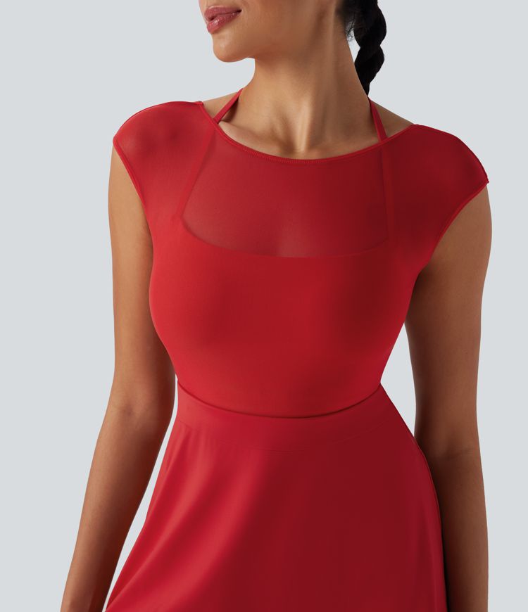 SoftlyZero™ Airy Halter Adjustable Buckle Contrast Mesh Cool Touch Yoga Active Dress-Easy Peezy-UPF50+