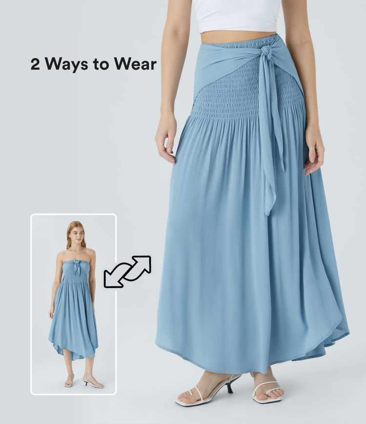 High Waisted Shirred Tie Front Maxi Skirt