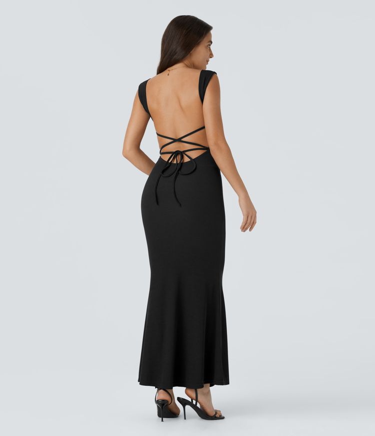 Vestido largo fiesta cuello cuadrado sin espalda entrecruzado cordón