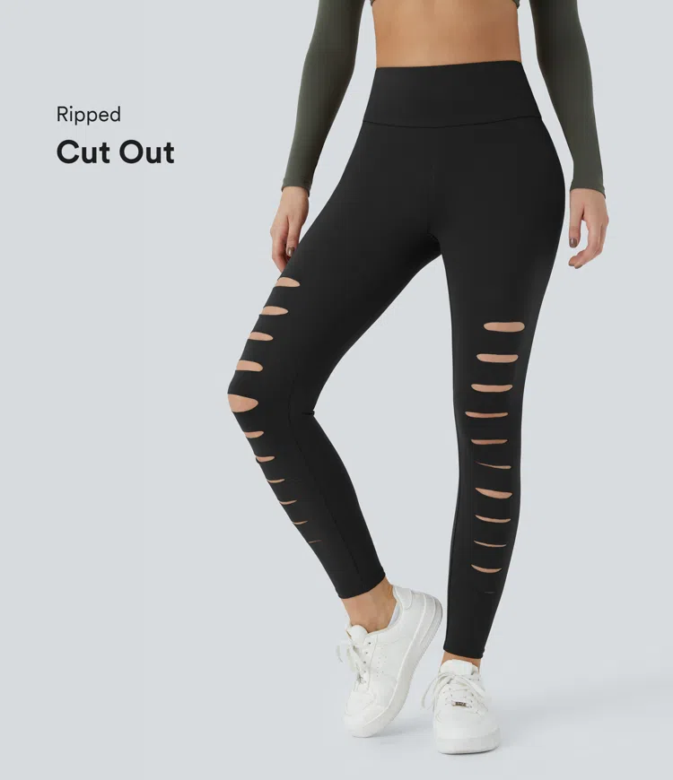 High Waisted Ripped Solid Casual Leggings