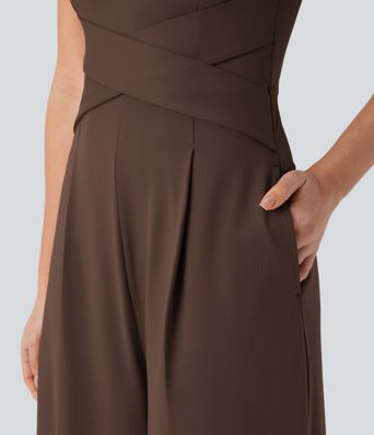 U Back Sleeveless Casual Jumpsuit with Pockets