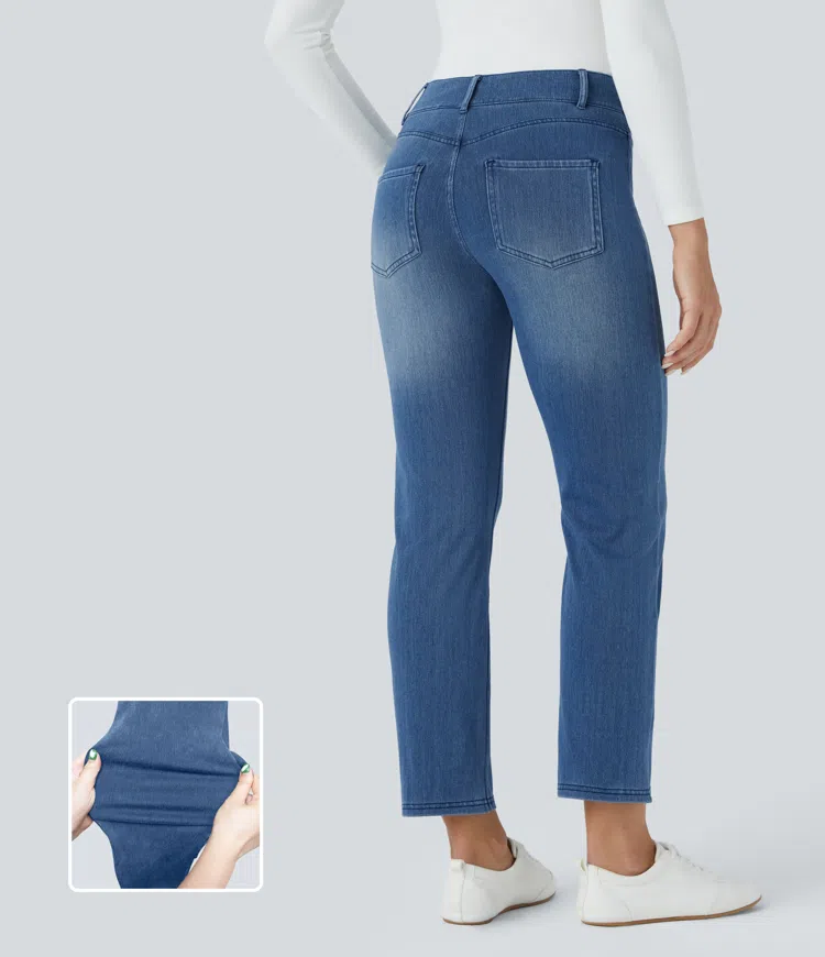 Halara Flex™ Mid Rise Pockets Straight Leg Washed Work Jeans