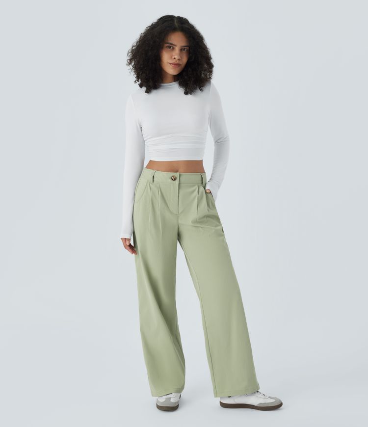 Mid Rise Zipper Pocket Straight Leg Casual Pants