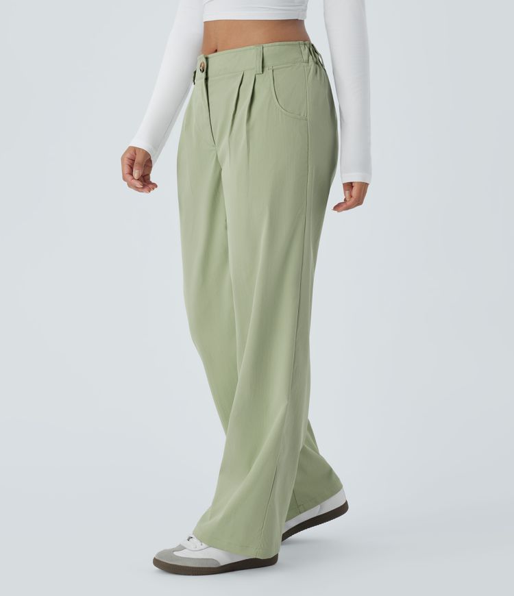 Mid Rise Zipper Pocket Straight Leg Casual Pants