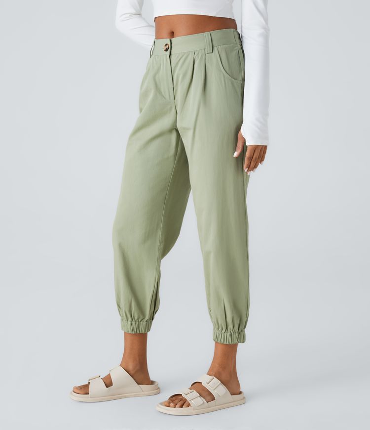 Mid Rise Button Zipper Side Pocket Casual Cotton Joggers
