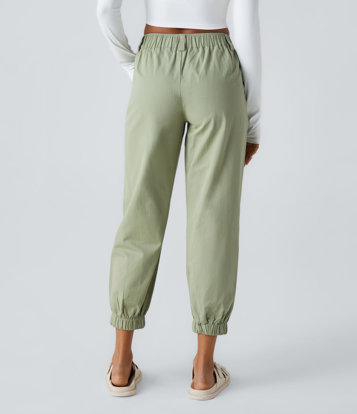 Mid Rise Button Zipper Side Pocket Casual Cotton Joggers