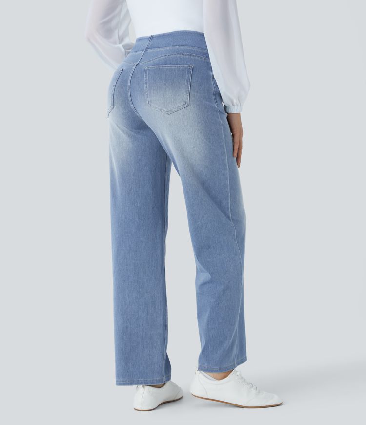 HalaraMagic™ High Waisted Multiple Pockets Straight Leg Washed Stretchy Knit Casual Jeans