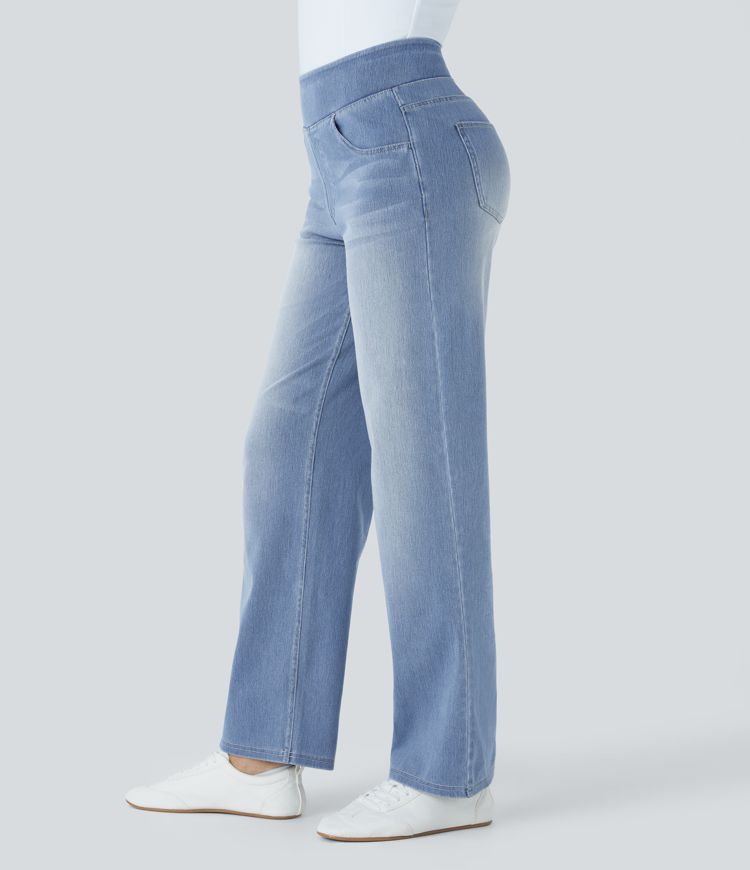 HalaraMagic™ High Waisted Multiple Pockets Straight Leg Washed Stretchy Knit Casual Jeans