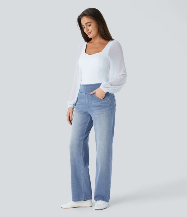 Halara Flex™ High Waisted Pockets Straight Leg Washed Casual Jeans