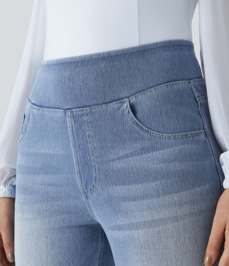 HalaraMagic™ High Waisted Multiple Pockets Straight Leg Washed Stretchy Knit Casual Jeans