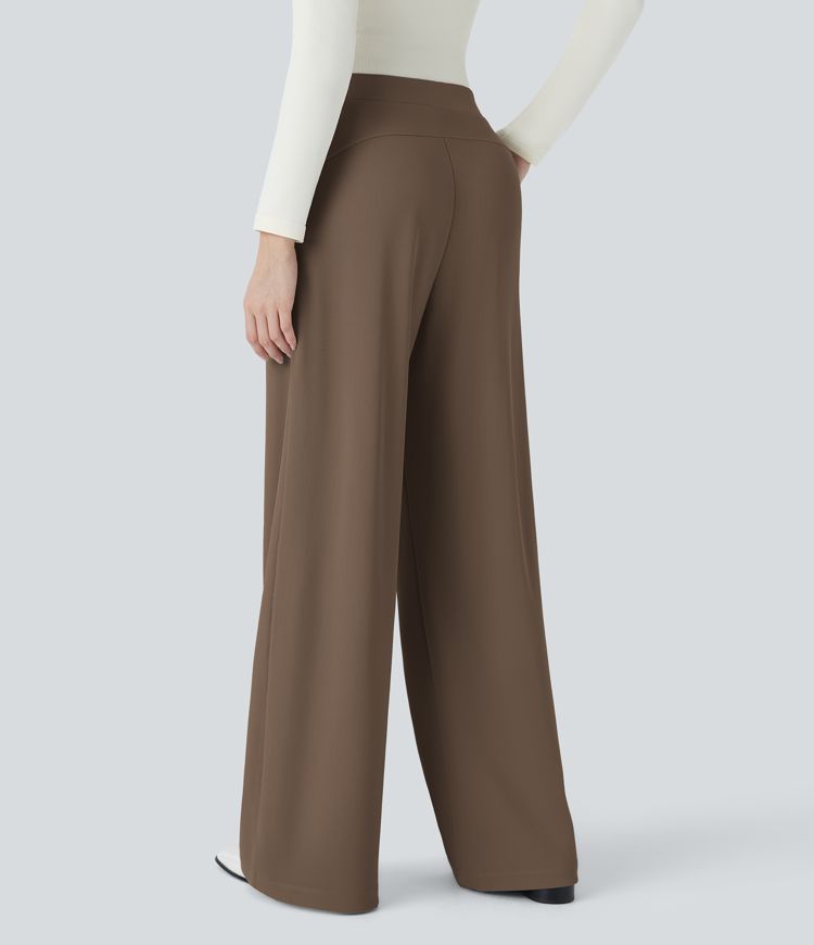 High Waisted Body Sculpt Waist-Slimming Side Pocket Wide Leg Micro Waffle Work Pants