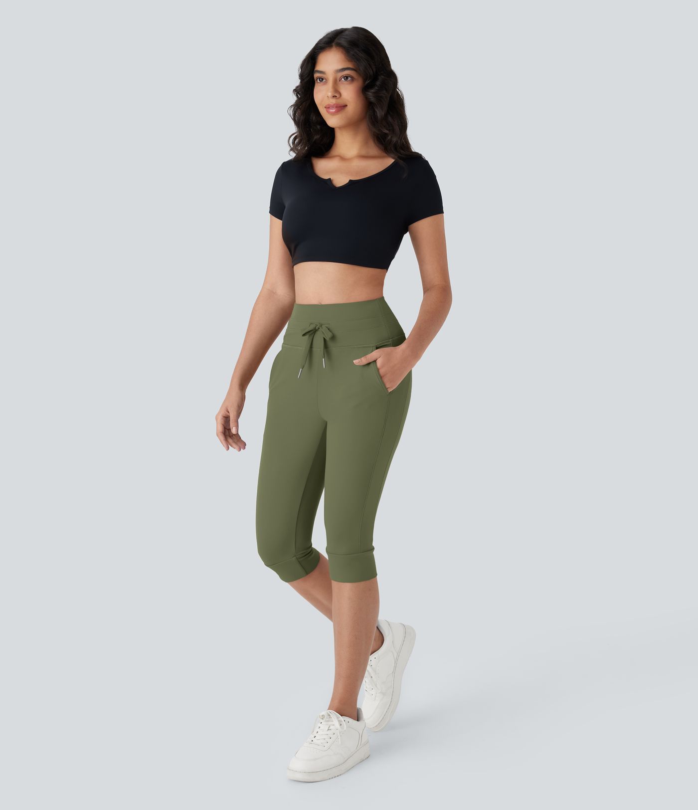 Pantalon corsaire jogging de yoga Softlyzero™ moelleux, taille haute à cordon avec poches latérales
