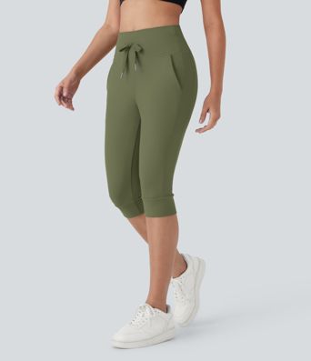 Pantalon corsaire jogging de yoga Softlyzero™ moelleux, taille haute à cordon avec poches latérales