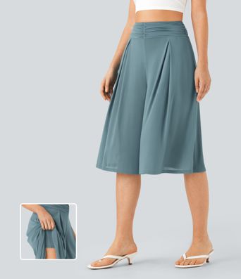 Sheer Mesh High Waisted 2-in-1 Flowy Wide Leg Pedal Pusher Pants with Pockets