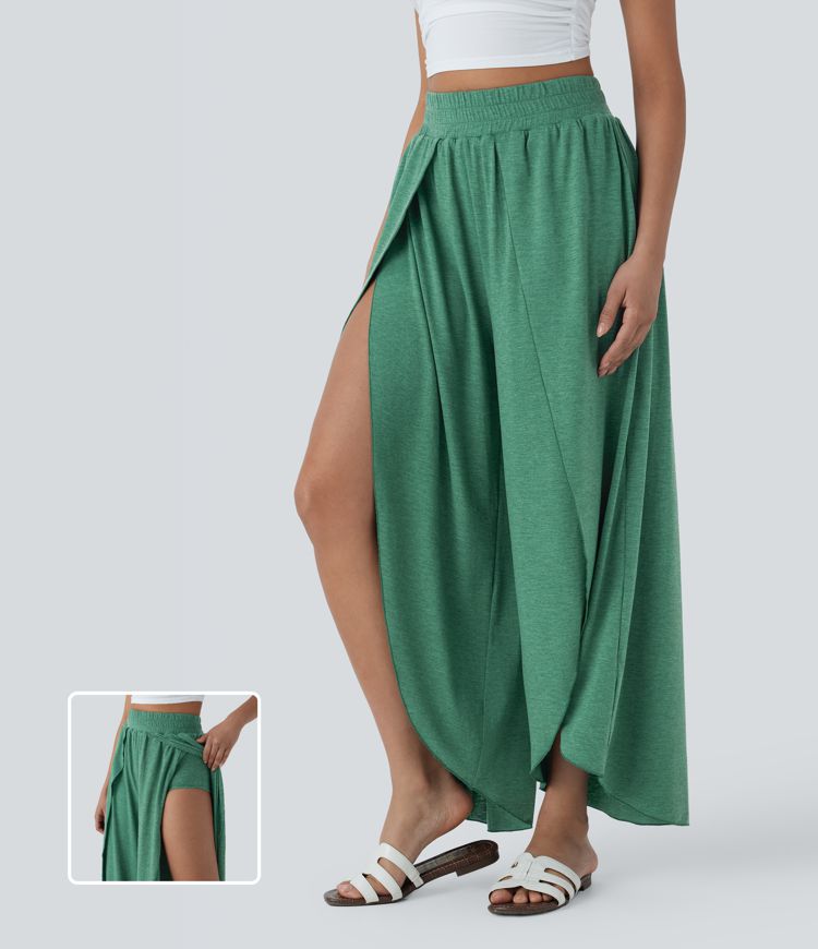 High Waisted 2-in-1 Flowy Wide Leg Casual Pants