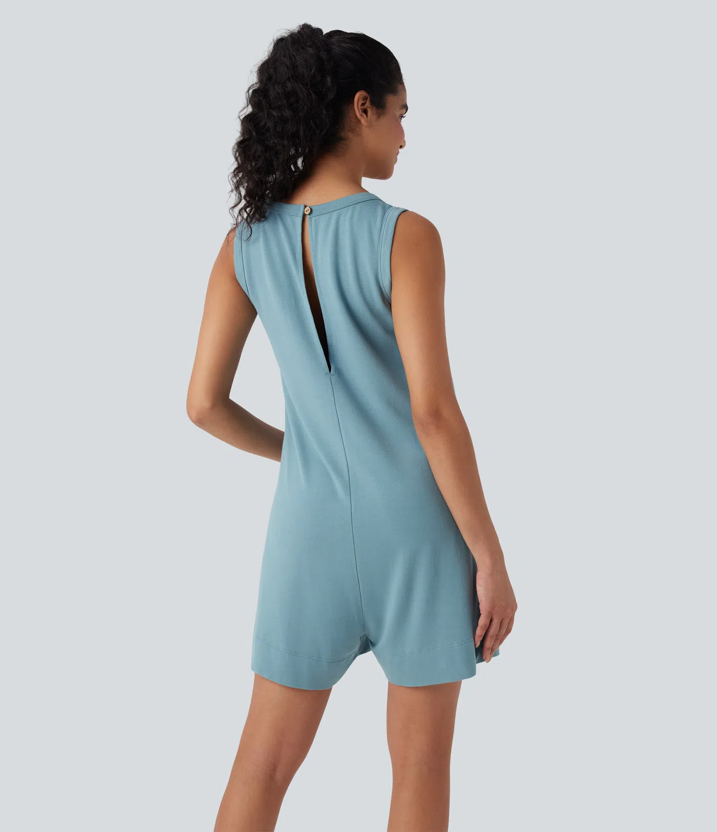 Round Neck Button Split Sleeveless Casual Jumpsuit with Pockets
