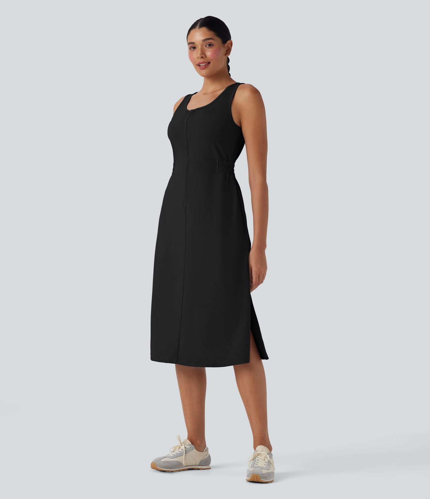 U Neck Zipper Split Knee Length Hiking Active Dress