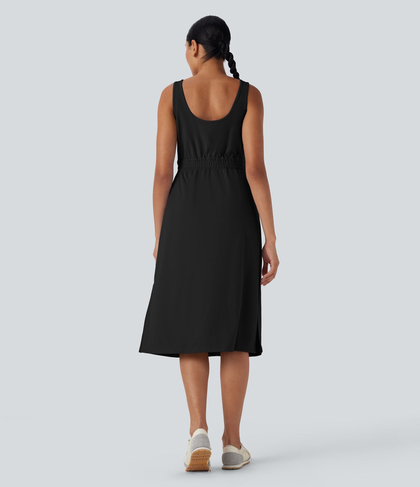 U Neck Zipper Split Knee Length Hiking Active Dress