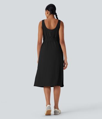 U Neck Zipper Split Knee Length Hiking Active Dress