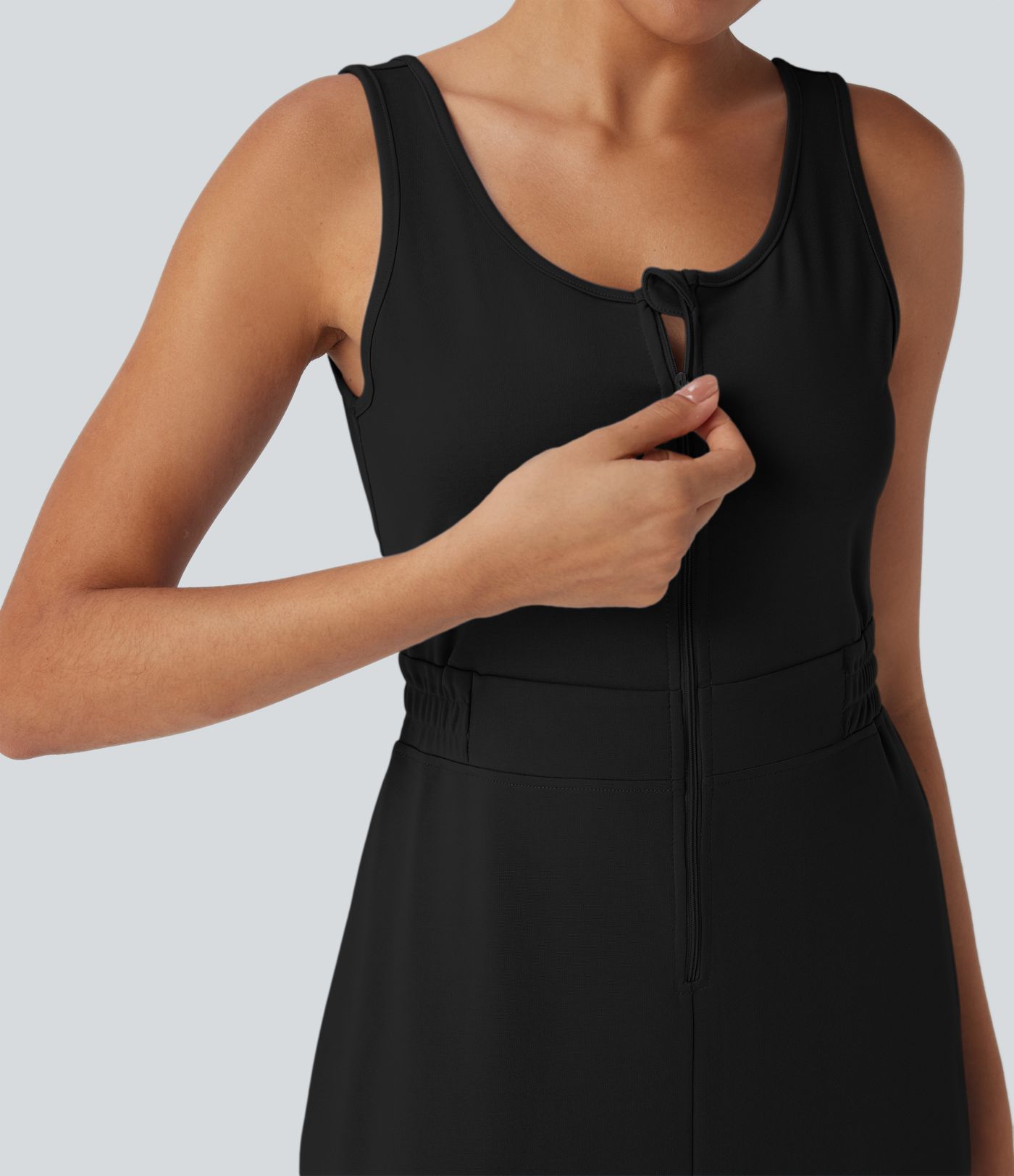 U Neck Zipper Split Knee Length Hiking Active Dress